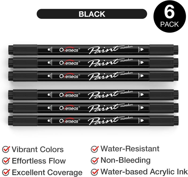 Overseas Black Acrylic Paint Markers, 6 Pack Dual Tip Paint Pens Acrylic Markers - Dot and Brush Tip Coloring Marker for Wood, Rock, Canvas, Glass, Metal, Plastic, Rubber, Fabric, School Supplies - Image 2